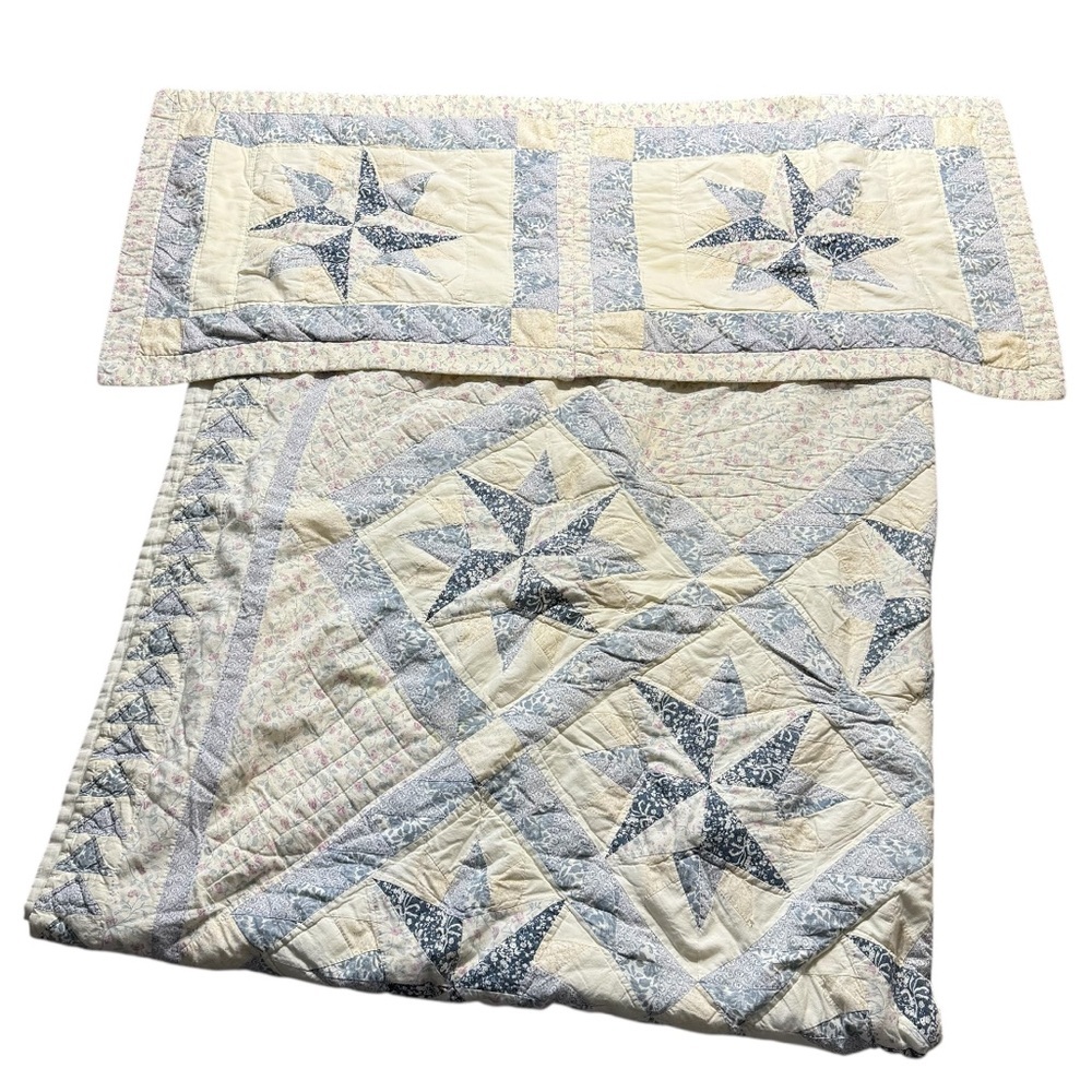 Vintage handmade star patchwork quilt + pillow sham set blue pink 80”x80”